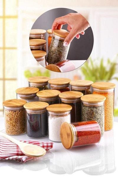 Karçiçeği Home Bamboo Lid Borosilicate Glass Jar Spice Jar 12 Pieces & 111 Pieces with Label Gift