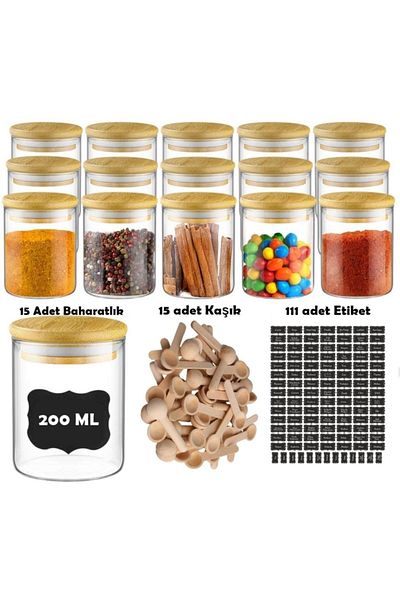 Karçiçeği Home 15 Pieces of 200 ml Decorative Spice Jar & 111 Black Label and 15 Bamboo Spice Spoons