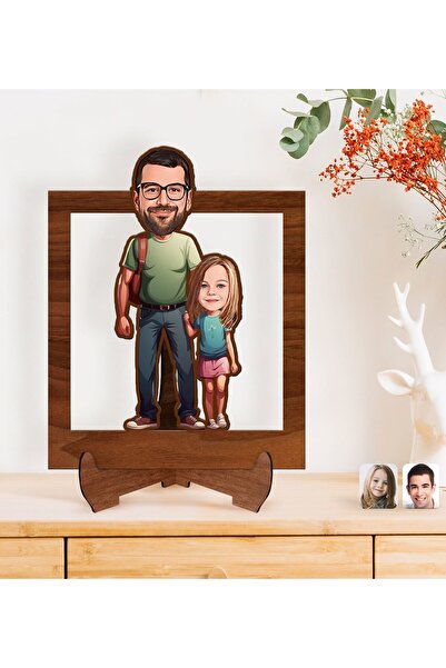 Bk Gift Kişiye Özel Baba-Kız Karikatürlü Ahşap 3D Standlı Biblo