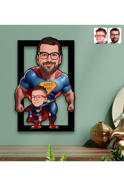 Bk Gift Kişiye Özel Süper Baba-Çocuk Karikatürlü 3D Ahşap Tablo-2, Babalar Gü...