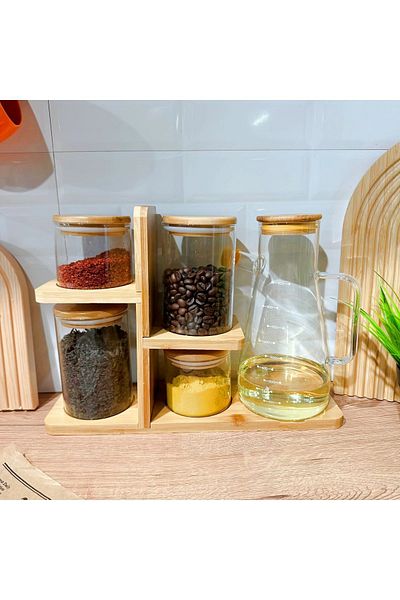 Karçiçeği Home Luxury Oil Pot with Bamboo Stand, Spice Bowl Set 6 Pieces