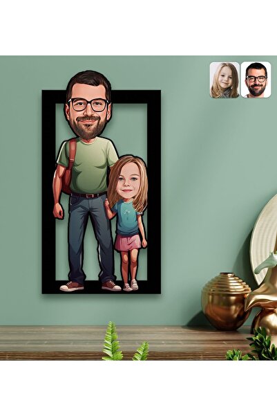 Bk Gift Kişiye Özel Baba-Kız Karikatürlü 3D Ahşap Tablo-1, Babalar Günü Hediy...