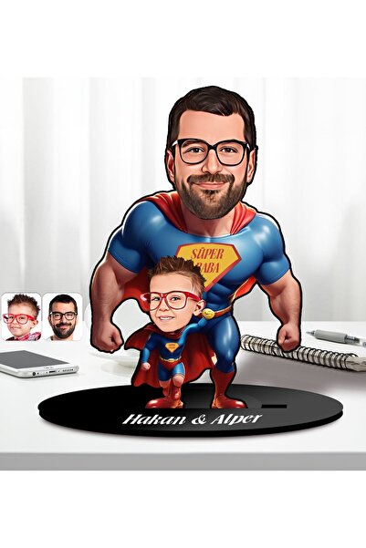 Bk Gift Kişiye Özel Süper Baba-Çocuk Karikatürlü Ahşap Biblo-1, Babalar Günü ...
