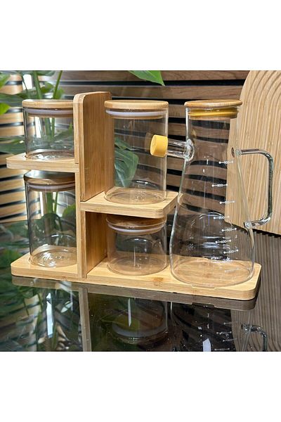 Karçiçeği Home Luxury Oil Pot with Bamboo Stand, Spice Bowl Set 6 Pieces