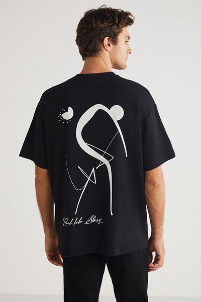 GRIMELANGE ROBERTO Men's Crew Neck 100% Cotton Oversize Pattern Print Detailed Black T-Shirt