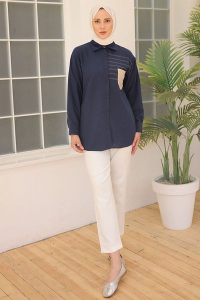 benguen Μοντέλο 2061 Navy Blue κεντημένο πουκάμισο τσέπης