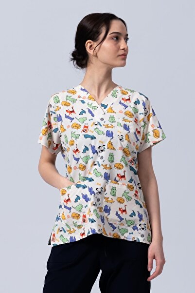 Medikal Dolap Pios Kadın Renkli Kedi Köpek Desenli Likralı Üniforma-Scrubs-Te...