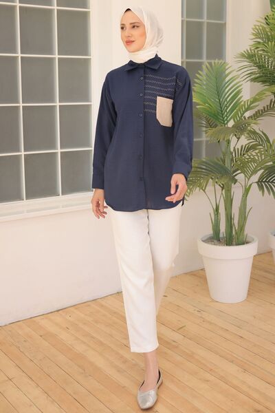 benguen 2061 Nakış Detaylı Cepli Gömlek Lacivert