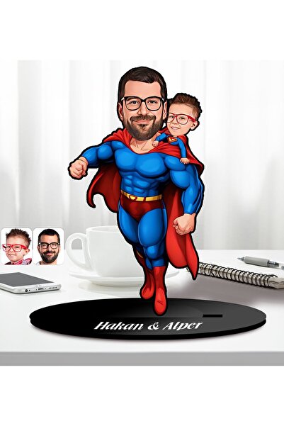 Bk Gift Kişiye Özel Süper Baba-Çocuk Karikatürlü Ahşap Biblo-3, Babalar Günü