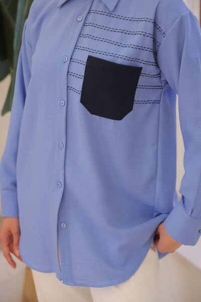 benguen 2061 Model - Dark Blue Shirt with Embroidery Detail and Pockets