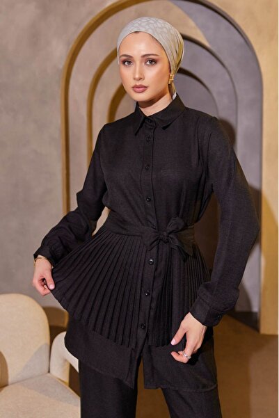 Bold Grup Women's Skirt Pleated Linen Shirt Pants Double Set