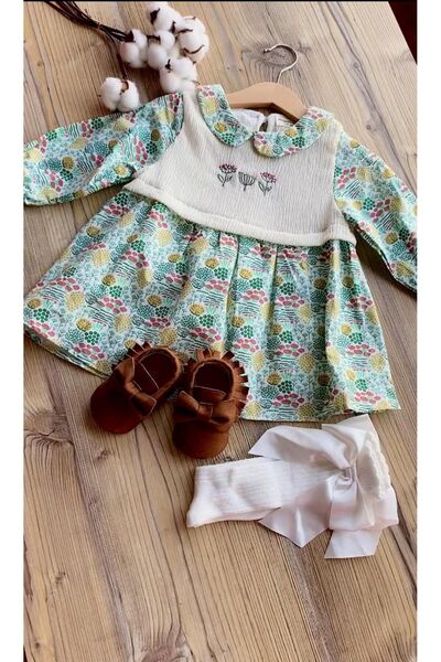 Generic Brand Floral Embroidered Patterned Dress with Robe Detail - Green