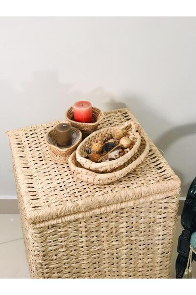 Savana El Yapımı Sanatları Sativus Hasır Sehpa (KAPAKLI SANDIK /DÜZENLEYİCİ/OYUNCAK SEPETİ) 45x40x40 Cm