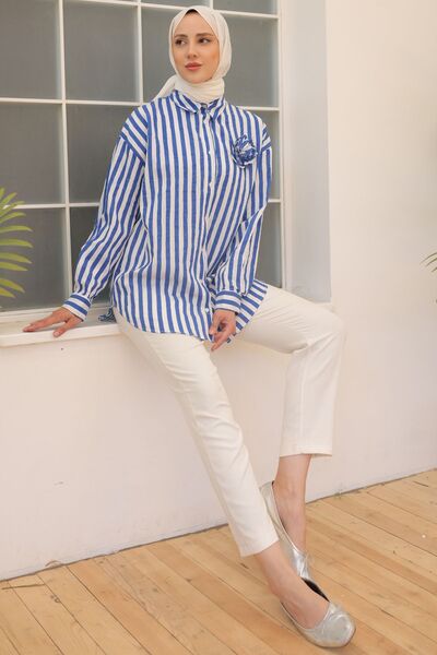 benguen 2094 Model Blue Striped Shirt with Rose Accessories