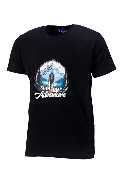 Shinzone Erkek Bisiklet Yaka Mevsimlik Adventure Baskılı Standart Fit Siyah T...