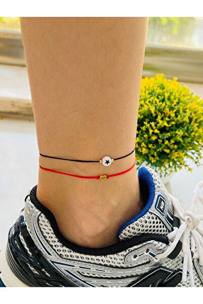 KOALA COMPANY Ikili Set Kalpli Kırmızı Ip Ve Yıldızlı Siyah Ip Halhal