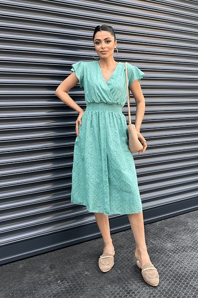 giyimmasalı Green Double-breasted Collar Scallop Dress