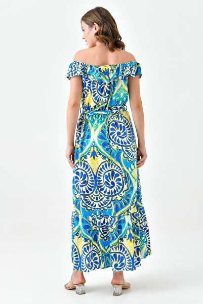 lovebox Жіноча сукня середньої довжини з мадонною коміром і поясом з воланами - 12503