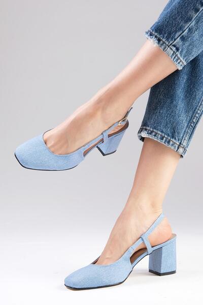 Mio Gusto Belinda Blue Color Open Back Denim Fabric Blunt Toe Women's Heeled Jeans Shoes