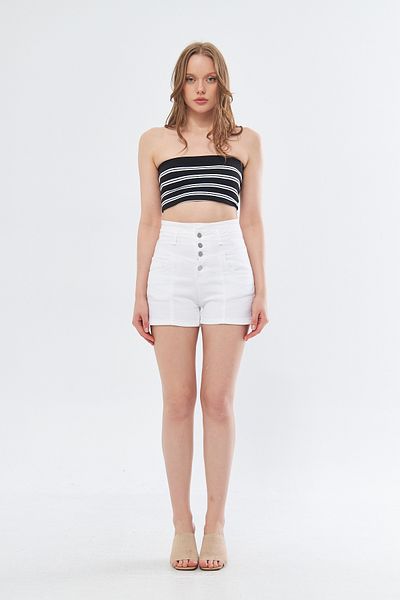 cracpot Women's White Jeans Trend Front Button Detailed Lycra Denim Shorts