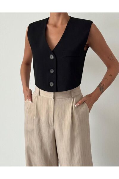 Quzu Çizgili Keten Palazzo Pantolon Bej