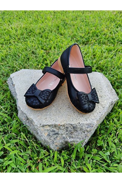 MİNİCEK Ortopedik Kız Çocuk Siyah Babet - Papatya Nakışlı - Cırtlı - Kaymaz T...