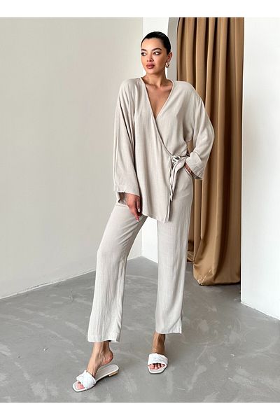 Laluvia Cotton Double-breasted Kimono and Pants Set - Stone Color