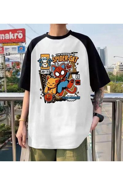 Touz Moda Tricou alb cu mâneci raglan oversize pisică păianjen
