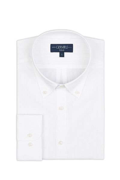 Germirli White Striped Tailor Fit Albini Cotton Shirt - Button Collar Voile