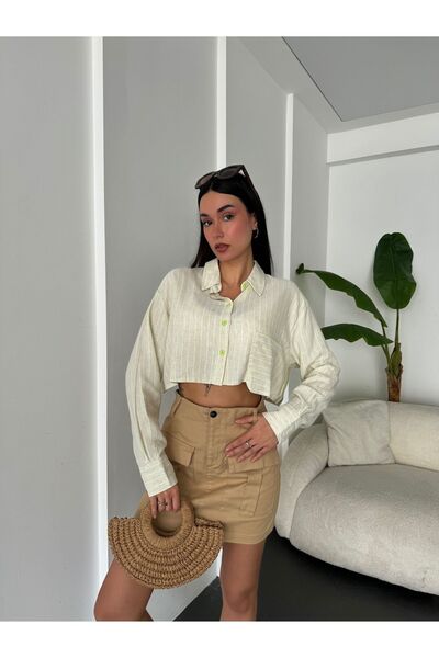 minaaise Cămașă crop de in verde neon - 25417