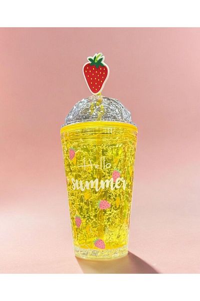 BLA GROUP Fruit Patterned Crystal Double Leather Cup with Straw - Mica Pinterest Cup with Diamond Lid