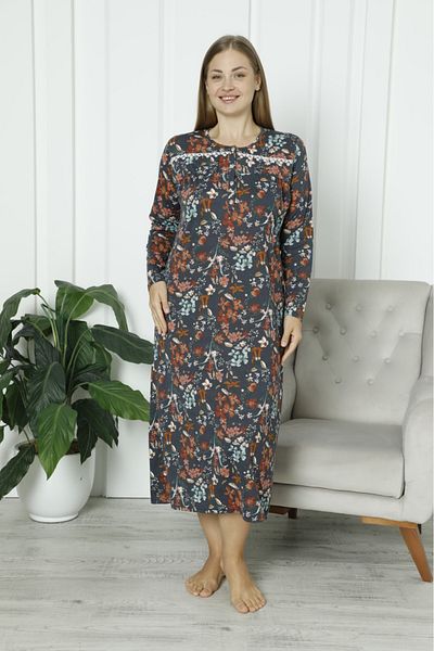 ERDENİZ TEKSTİL Plus Size Patterned Women's Nightgown - Long Sleeve and Buttoned Collar