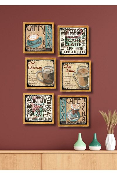 NT Handmade 6 bucăți cadru aspect cafea colț decor de perete - 15x15 cm set pictură pentru concept de bucătărie