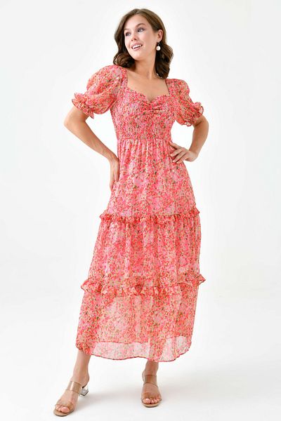 lovebox Pink Midi Evening Dress - Floral Pattern, Degaje Collar, Princess Sleeve, Layered Design 3230