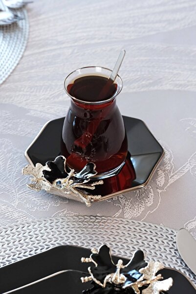 Glore Dolmabahçe Black Platinum Gilded 12-Piece 6-Person Glass Tea Set