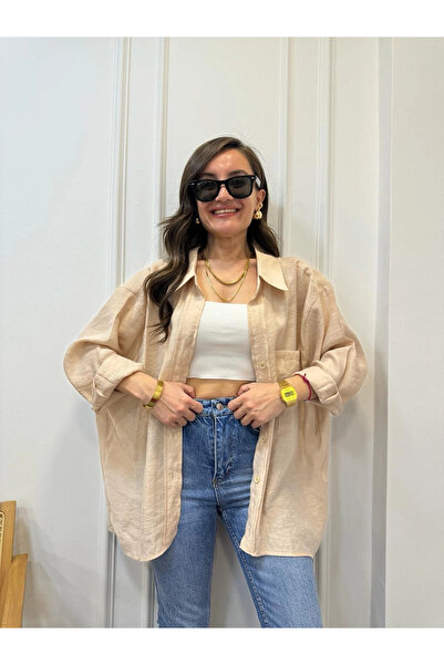 My Blog Oversize košile s off-shoulderem v barvě kamene