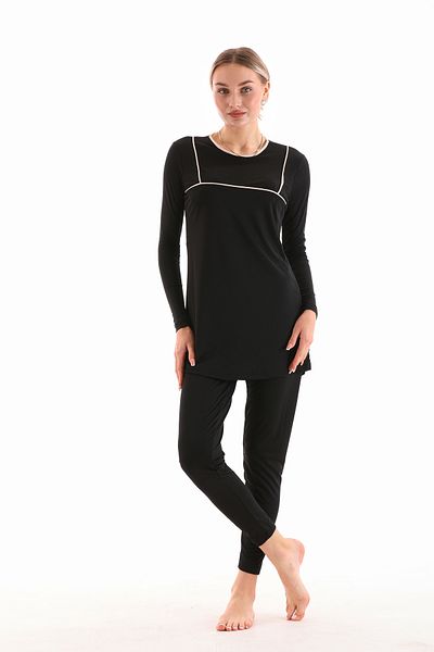 BEMOL GİYİM Black Hijab Swimsuit - Full Covered, Long Sleeve, Cream Piping