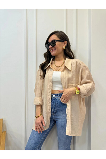 My Blog Oversize košile s off-shoulderem v barvě kamene