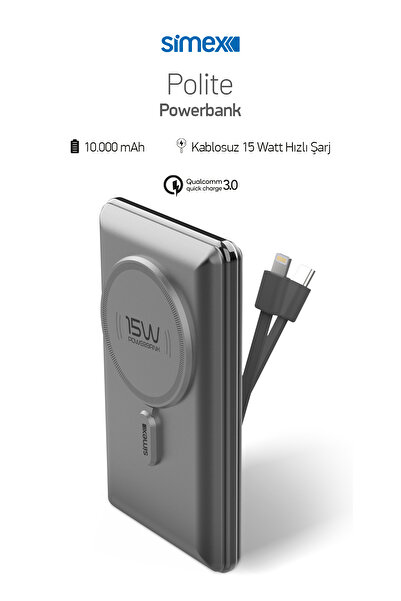 Simex Hızlı Şarj Temassız MagSafe PowerBank 22,5W 10000mAh Dahili Kablolu Simex S-38 Polite Standart