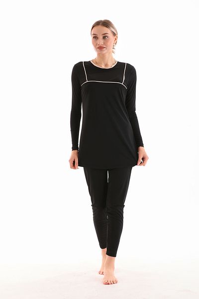 BEMOL GİYİM Black Hijab Swimsuit - Full Covered, Long Sleeve, Cream Piping
