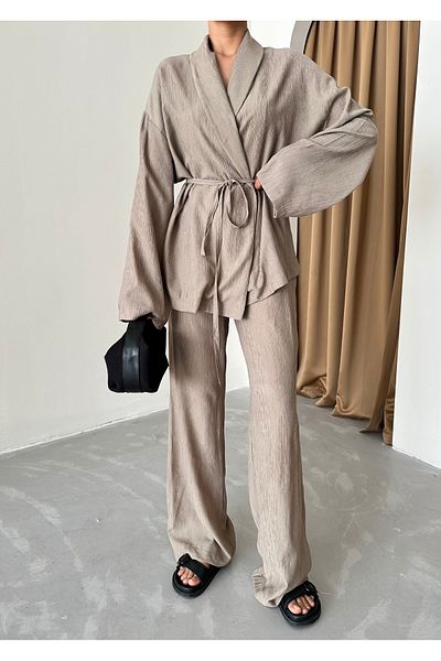 Laluvia Norkové kimono a kalhoty - šálový límec