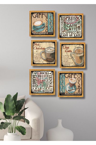 NT Handmade 6 bucăți cadru aspect cafea colț decor de perete - 15x15 cm set pictură pentru concept de bucătărie