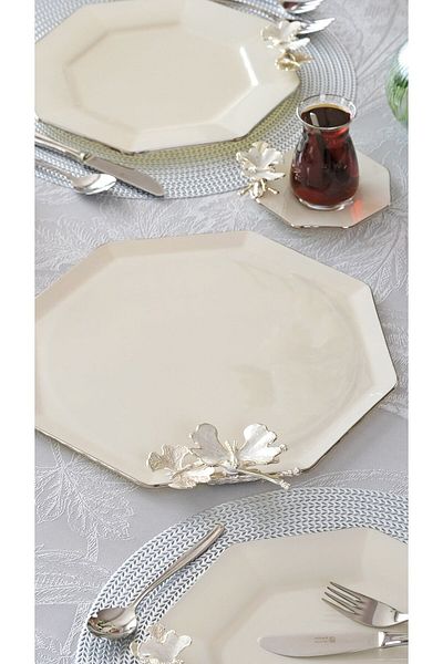 Glore Octagonal Cream Platinum Gilded Dolmabahce Glass Tray