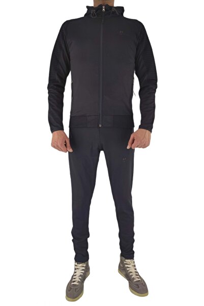 FEROBİ Erkek Kapüşonlu Fermuarlı Likralı Dalgıç Eşofman Takımı Lacivert