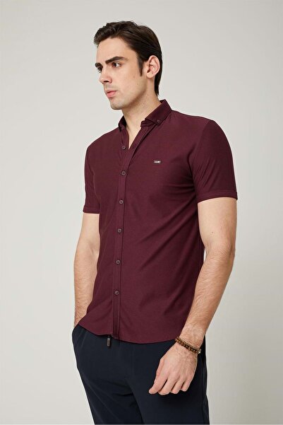 Olivia COONLESS Erkek Kısa Kol Gömlek Bordo