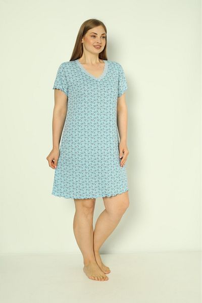 ERDENİZ TEKSTİL V-Neck Patterned Large Size Women's Nightgown - Short Sleeve