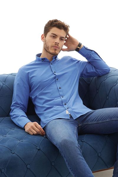 RAVANELLI Ανδρικό πουκάμισο Vessmen Saks Blue - Slim Fit, Slim Fit, Cotton Oxford, Γιακάς Lycra, Κουμπιά επάνω, Μακρύ μανίκι