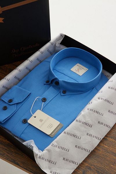 RAVANELLI Ανδρικό πουκάμισο Vessmen Saks Blue - Slim Fit, Slim Fit, Cotton Oxford, Γιακάς Lycra, Κουμπιά επάνω, Μακρύ μανίκι