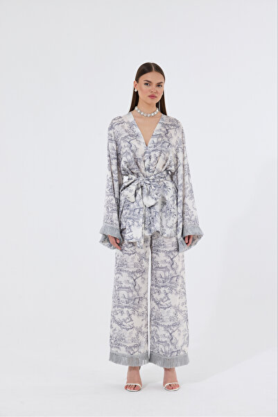 Bohai Design Özel Tasarım Saten Kolları Püsküllü Kimono Ceket Pantolon Takım