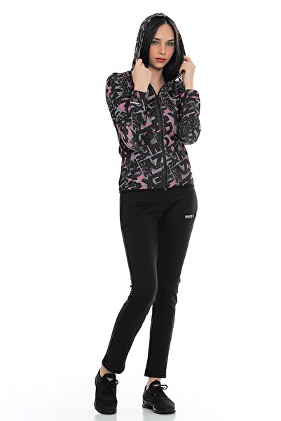 FEROBİ Kadın Kapüşonlu Fermuarlı Likralı  Dalgıç Eşofman Takımı Fuşya